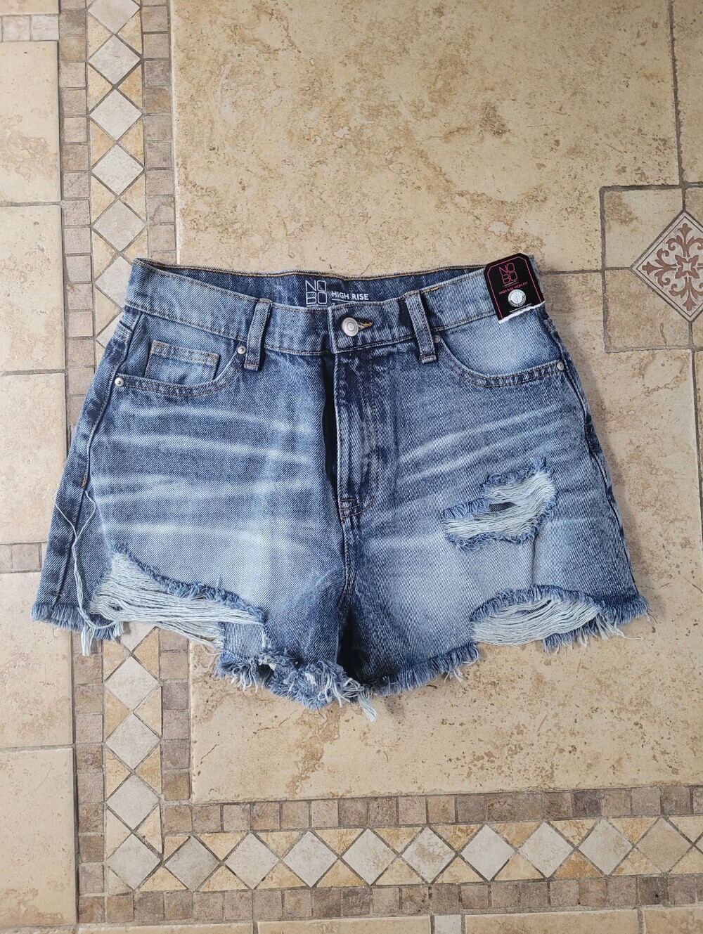 NOBO Distressed High-Rise Denim Shorts - Light Blue